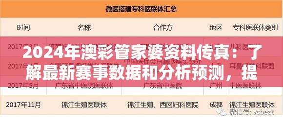 2024年澳彩管家婆资料传真：了解最新赛事数据和分析预测，提供专业指导帮您轻松